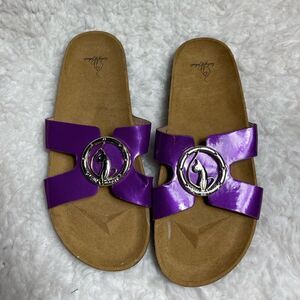 Babyphat patent purple slip on straps sandals bold silver tone logo accent SZ10